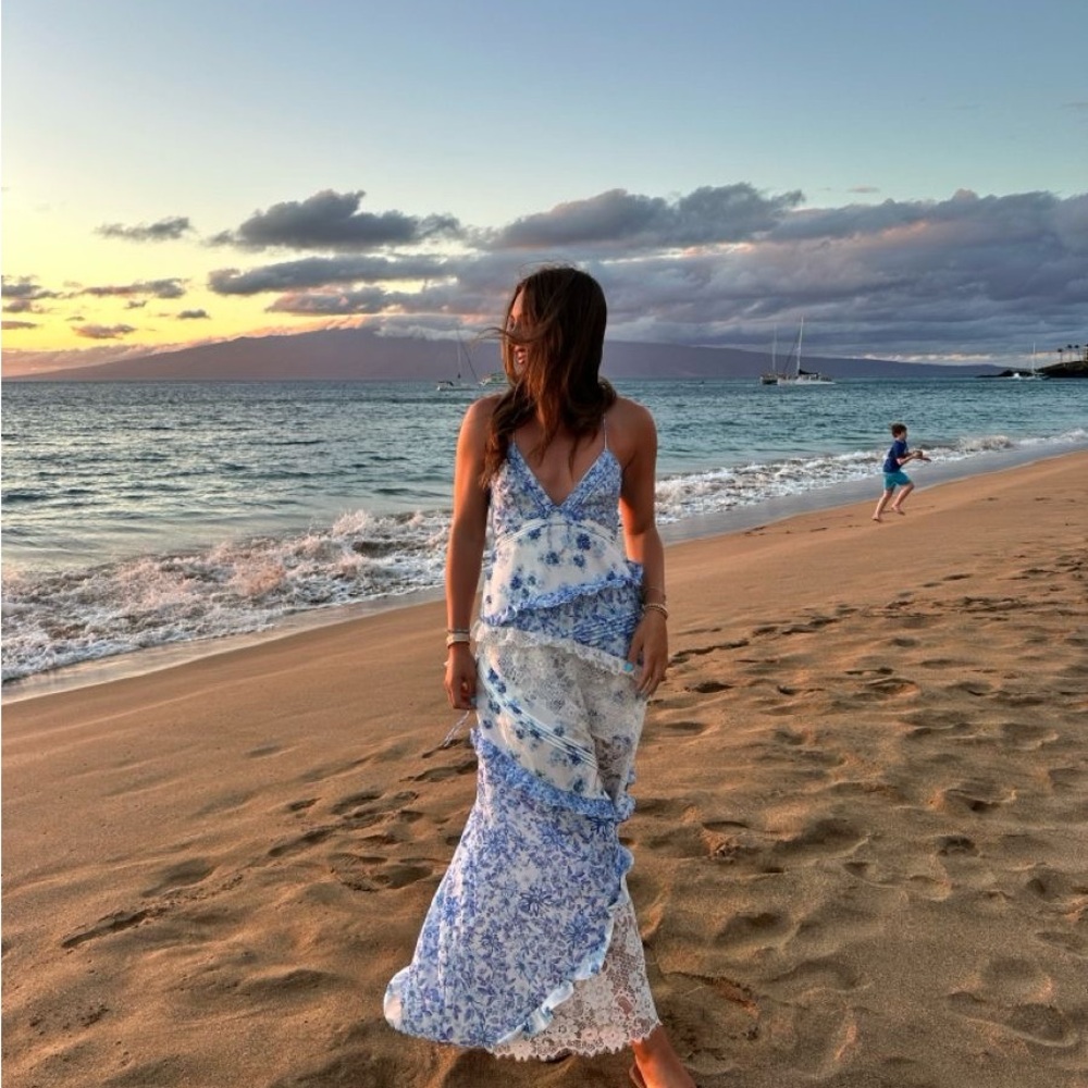 For Love & Lemons Rosalyn Maxi Dress Lace Patchwork Blue XS EUC - Picture 9 of 13